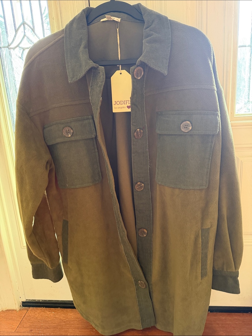 JODIFL Olive Green Military Field Jacket with Corduroy Trim